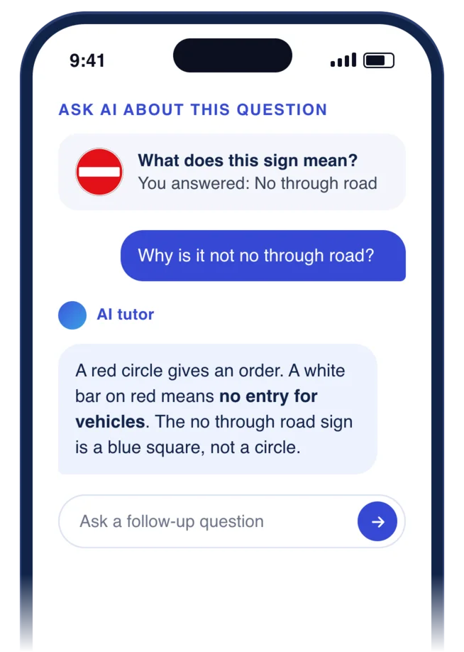 Ask AI explaining that a white bar on a red circle means no entry for vehicles
