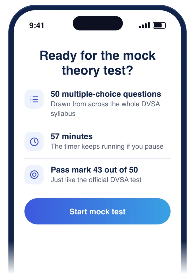 The mock test start screen: 50 multiple-choice questions, 57 minutes, pass mark 43 out of 50, and a Start mock test button