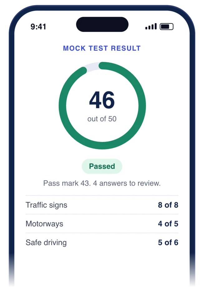 A mock test result of 46 out of 50, passed, with scores by topic